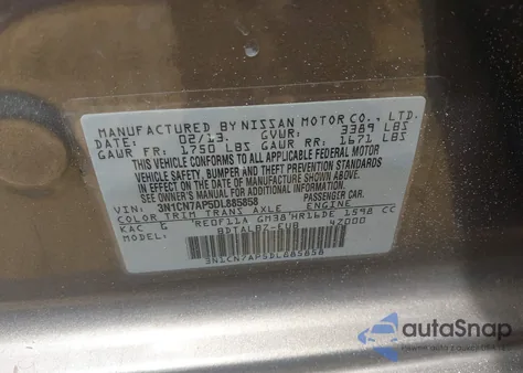 2013 Nissan Versa 1.6 Sv из США, поврежденный, VIN 3N1CN7AP5DL885858